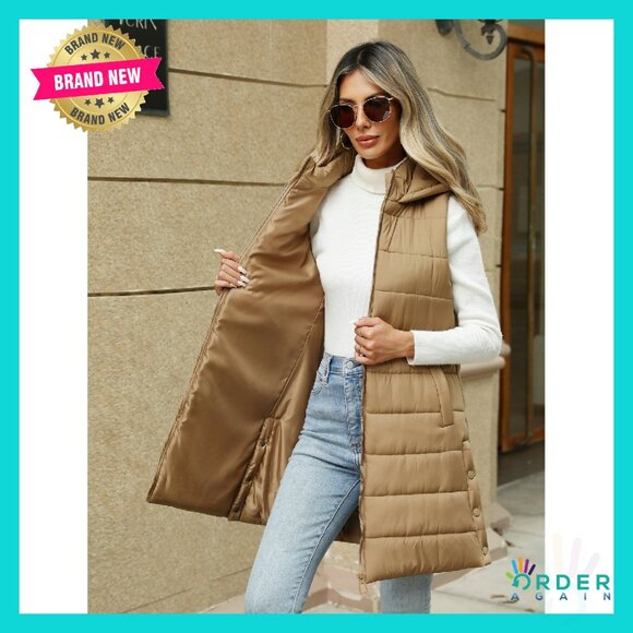 Long Hooded Puffer Vest Sleeveless Quilted Lightweight Outerwear Chic Minimal - Picture 8 of 8